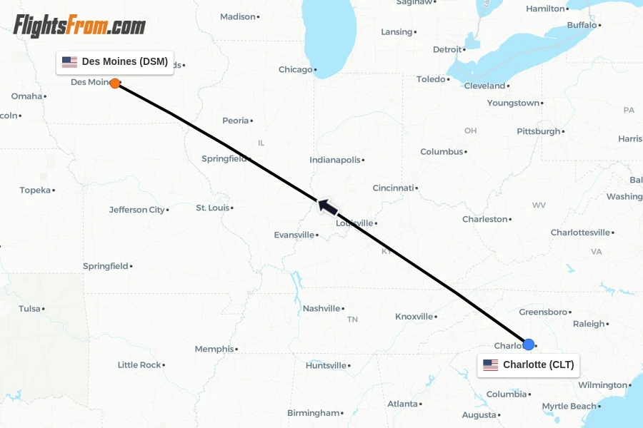Flights from Charlotte to Des Moines route map