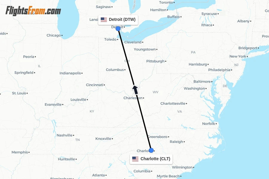 Flights from Charlotte to Detroit route map