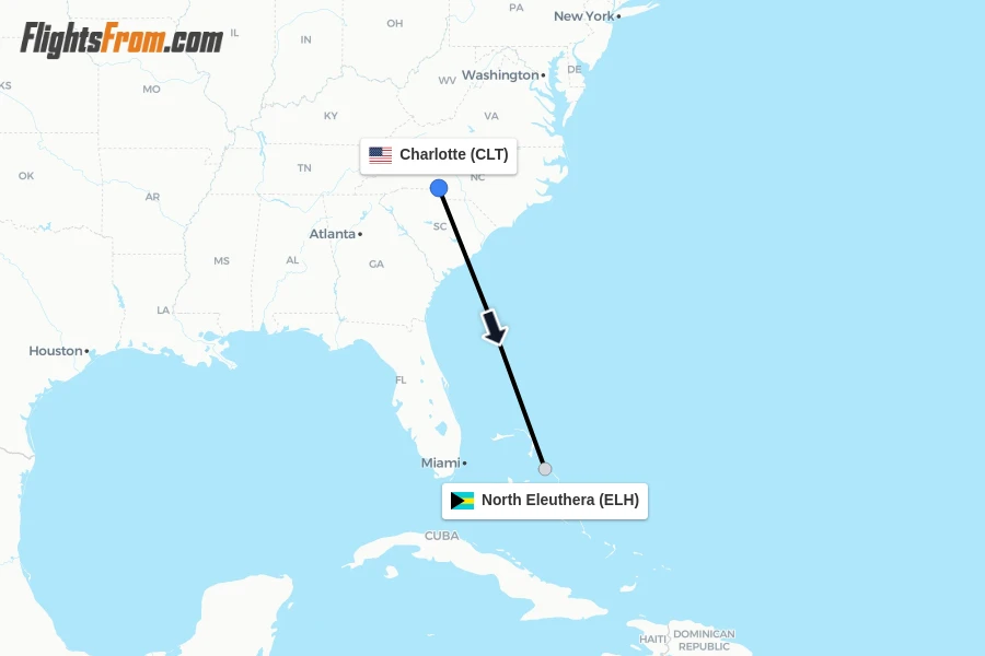 Flights from Charlotte to North Eleuthera route map