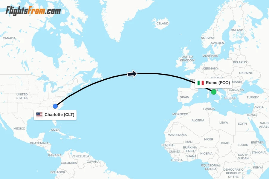 Flights from Charlotte to Rome route map