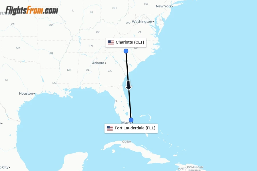 Flights from Charlotte to Fort Lauderdale route map