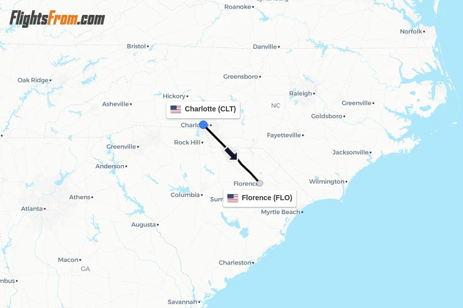 Flights from Charlotte to Florence route map