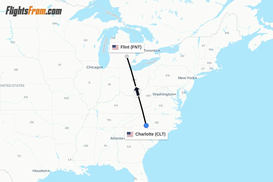 Flights from Charlotte to Flint route map