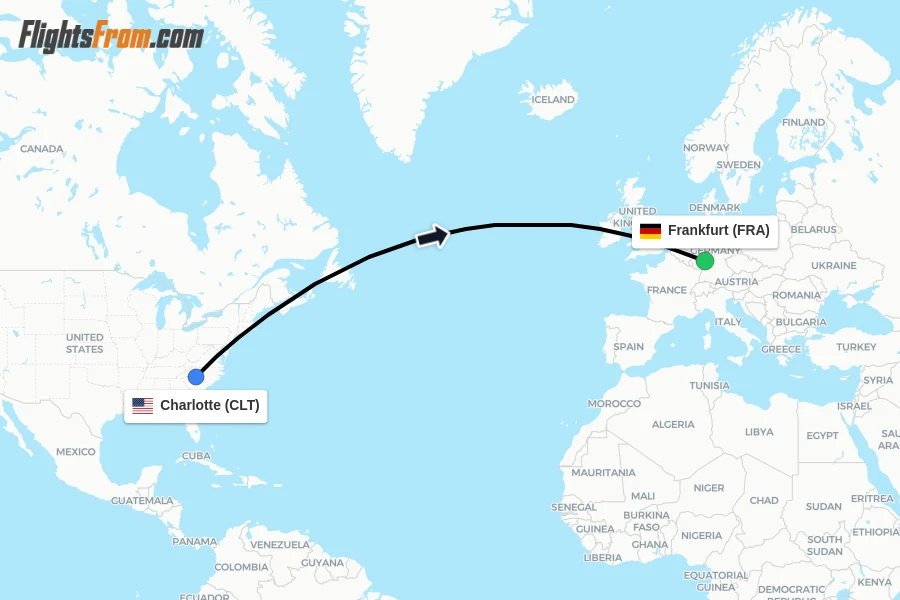 Flights from Charlotte to Frankfurt route map
