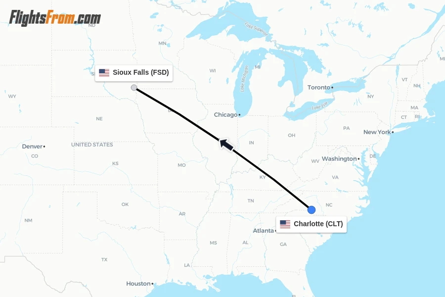 Flights from Charlotte to Sioux Falls route map