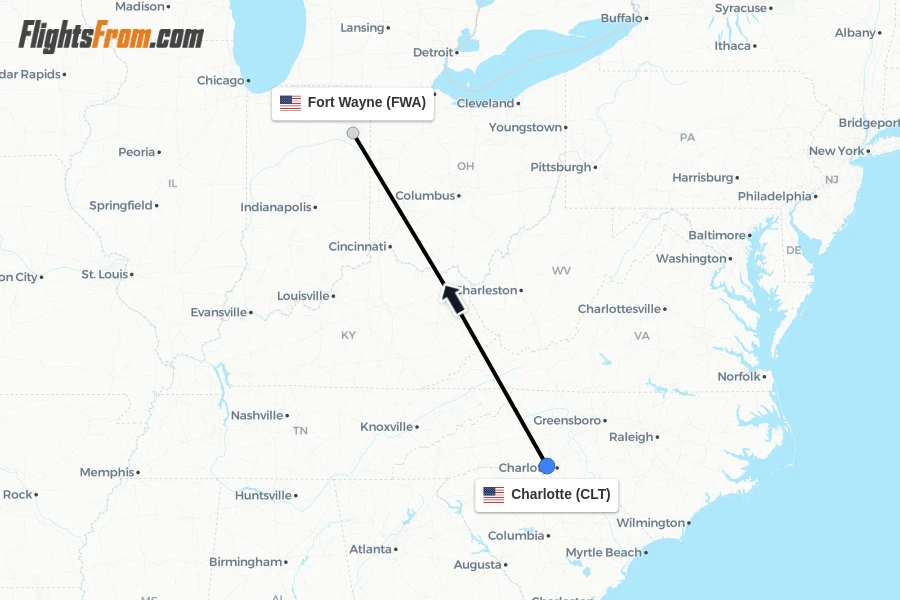 Flights from Charlotte to Fort Wayne route map