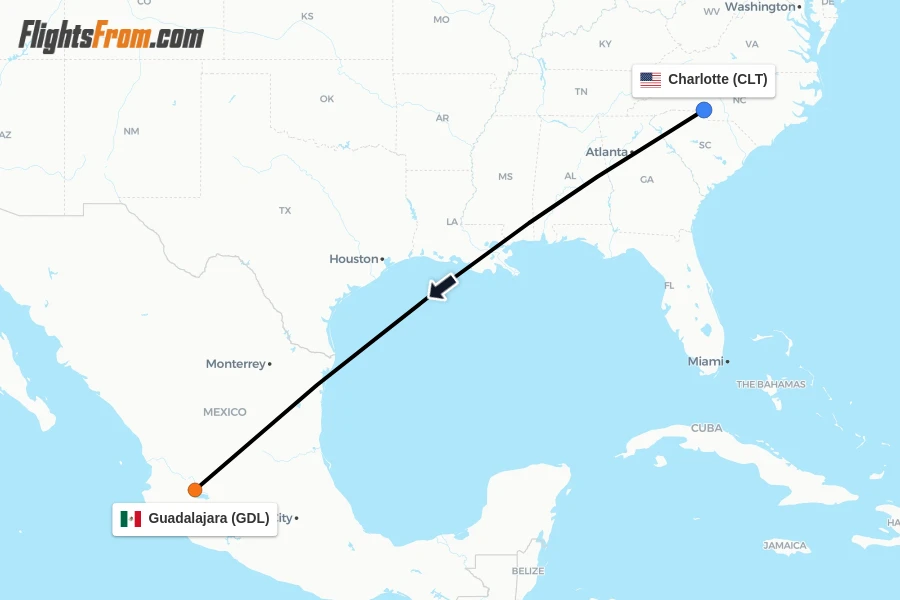 Flights from Charlotte to Guadalajara route map