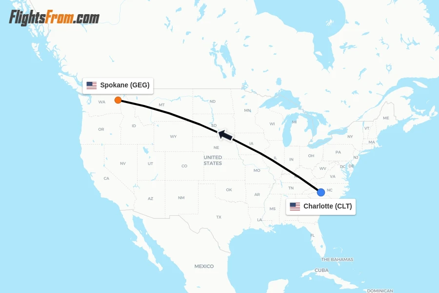 Flights from Charlotte to Spokane route map