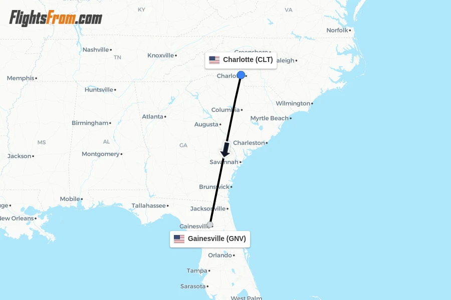 Flights from Charlotte to Gainesville route map