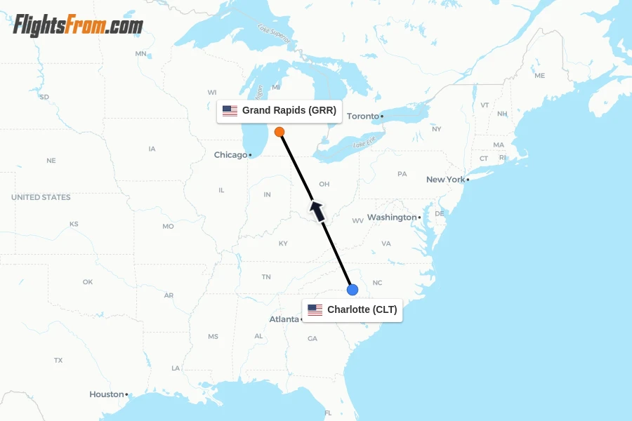 Flights from Charlotte to Grand Rapids route map