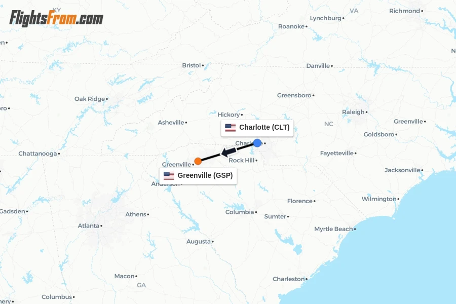 Flights from Charlotte to Greenville route map