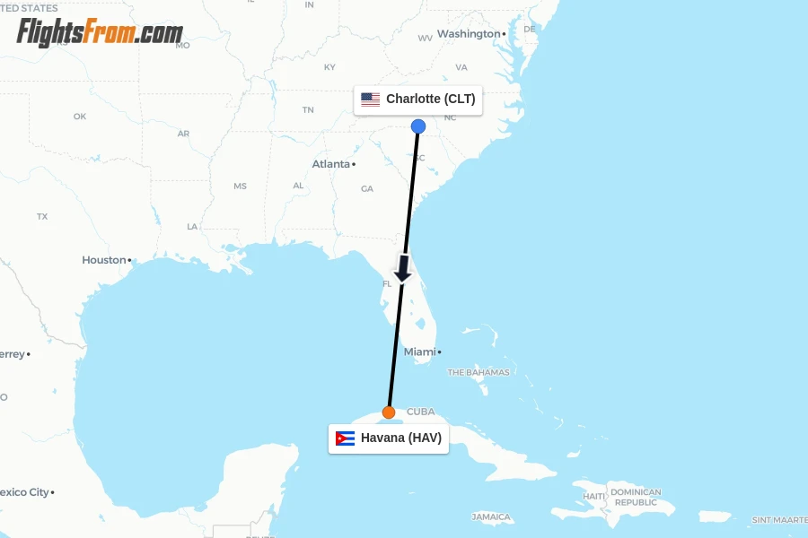 Flights from Charlotte to Havana route map