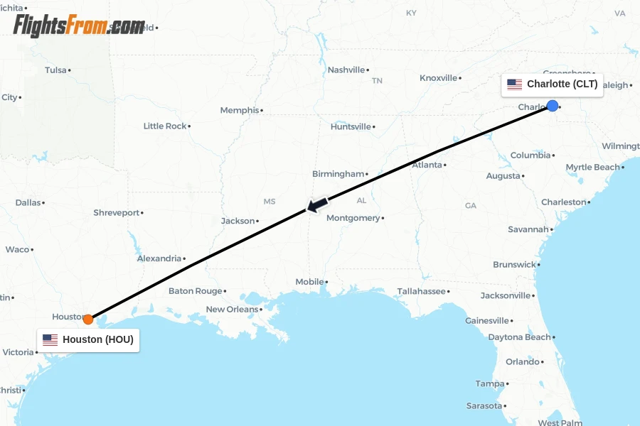 Flights from Charlotte to Houston route map