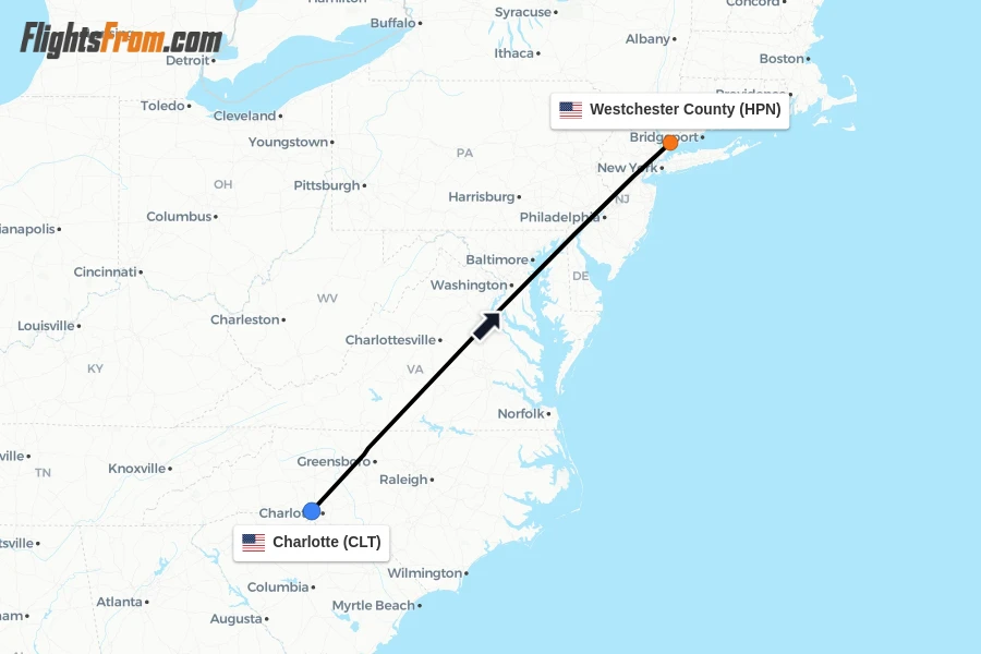 Flights from Charlotte to Westchester County route map