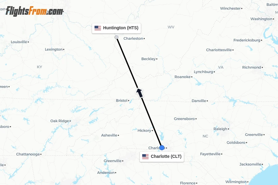 Flights from Charlotte to Huntington route map