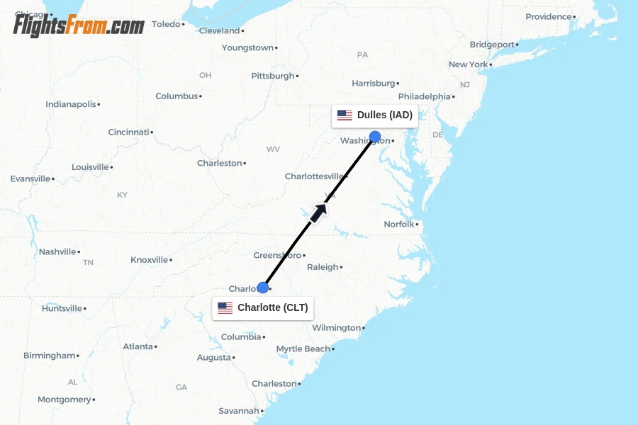 Flights from Charlotte to Dulles route map