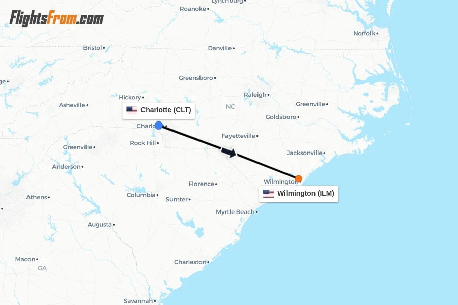 Flights from Charlotte to Wilmington route map