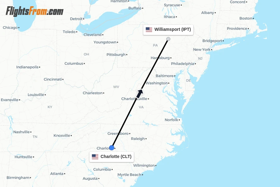 Flights from Charlotte to Williamsport route map