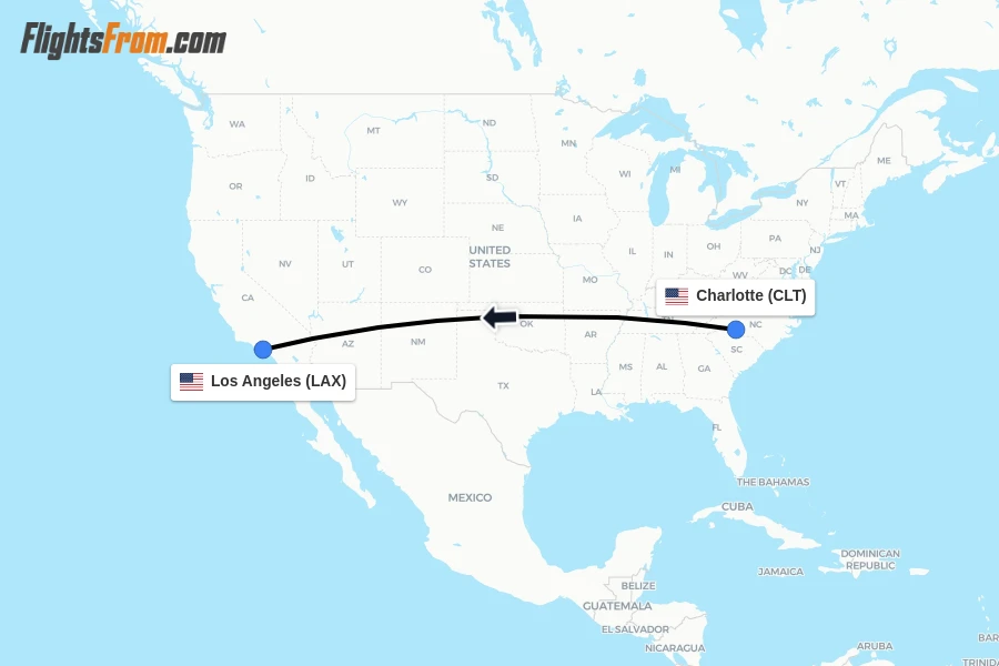 Flights from Charlotte to Los Angeles route map