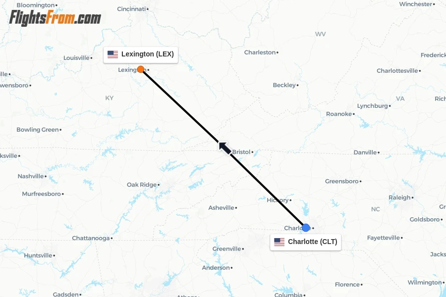 Flights from Charlotte to Lexington route map