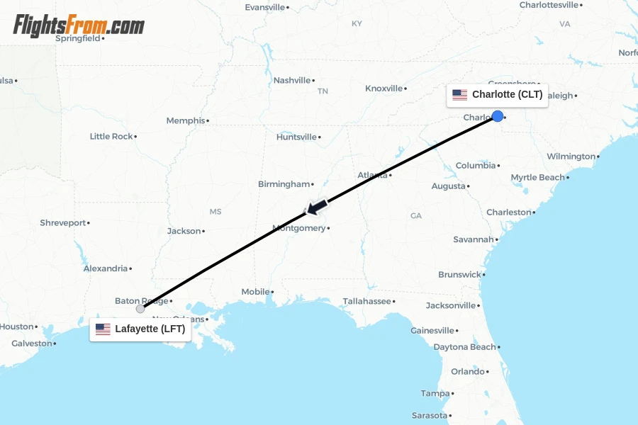 Flights from Charlotte to Lafayette route map