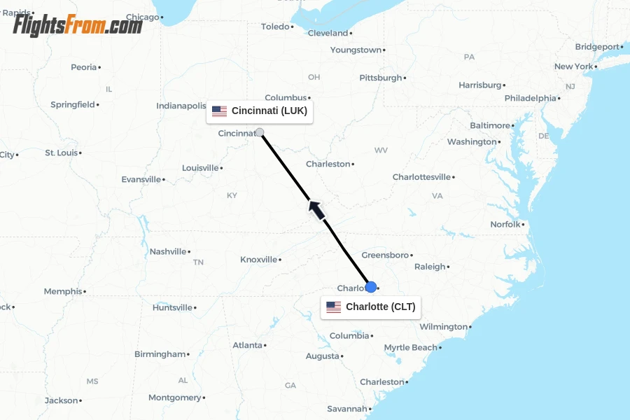 Flights from Charlotte to Cincinnati route map