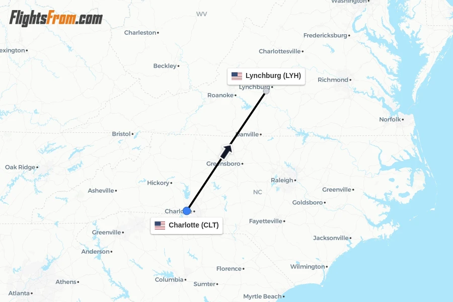 Flights from Charlotte to Lynchburg route map