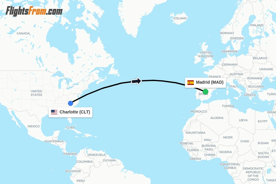 Flights from Charlotte to Madrid route map