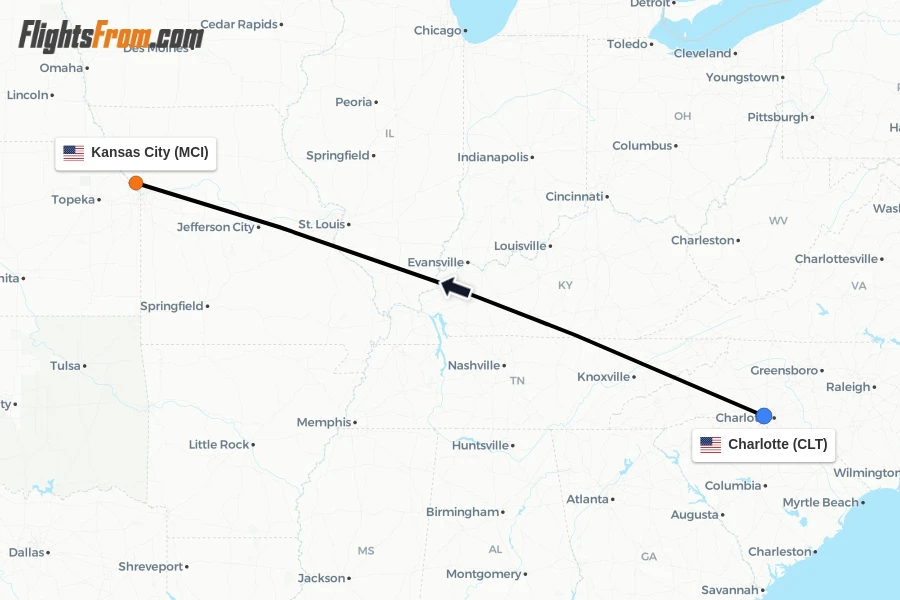 Flights from Charlotte to Kansas City route map