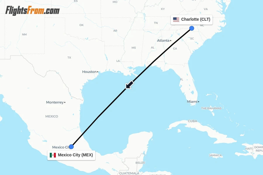 Flights from Charlotte to Mexico City route map