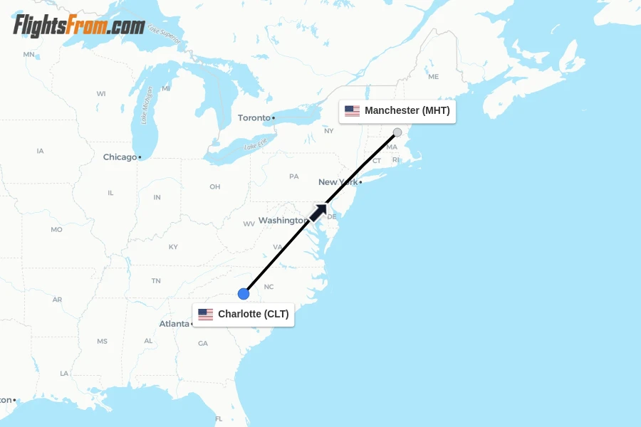 Flights from Charlotte to Manchester route map