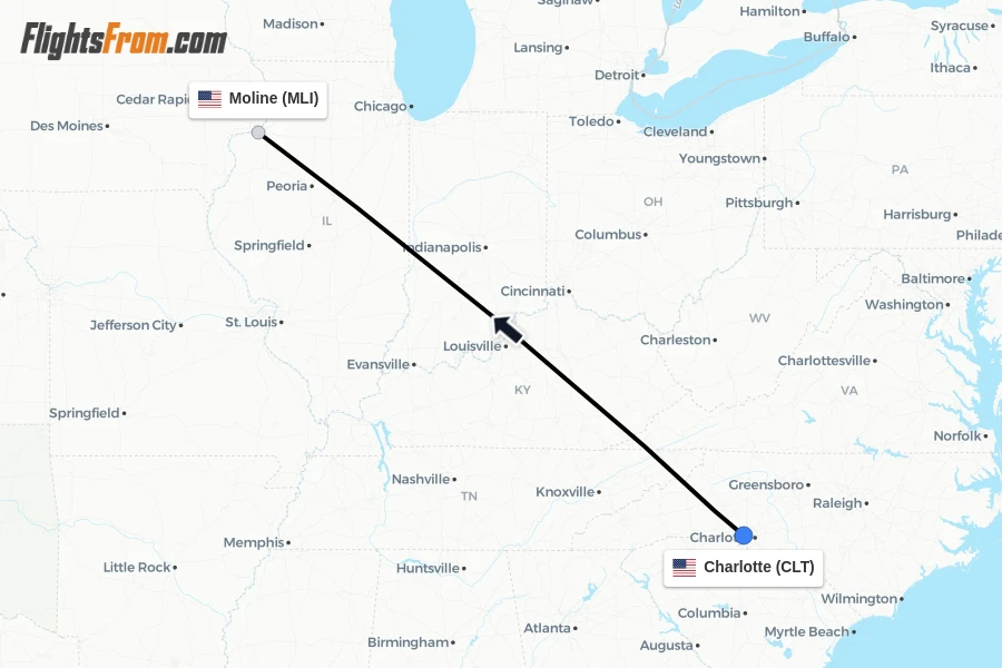 Flights from Charlotte to Moline route map