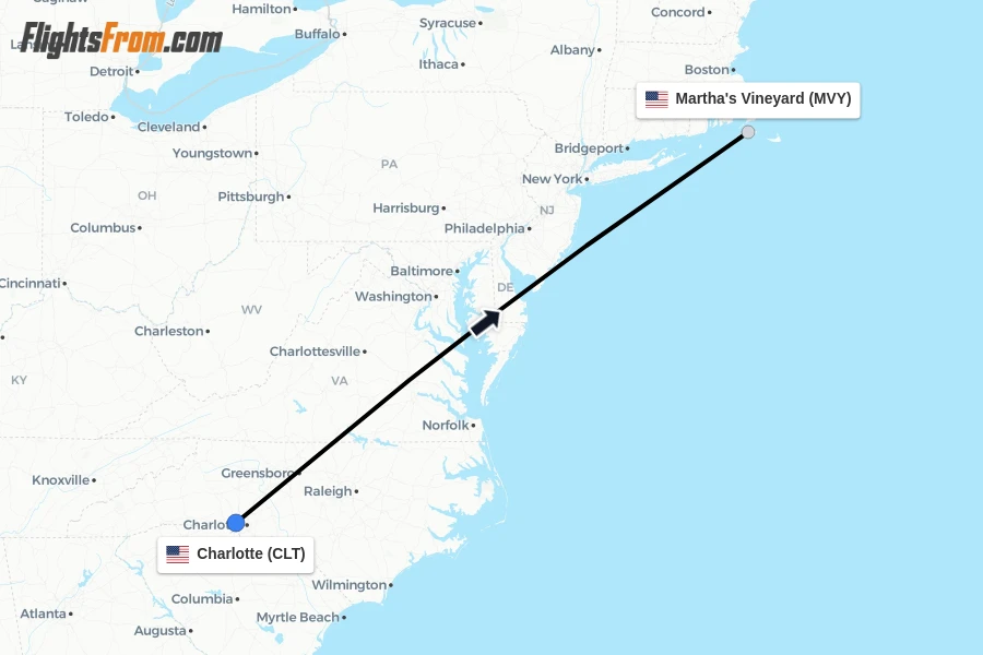 Flights from Charlotte to Martha's Vineyard route map