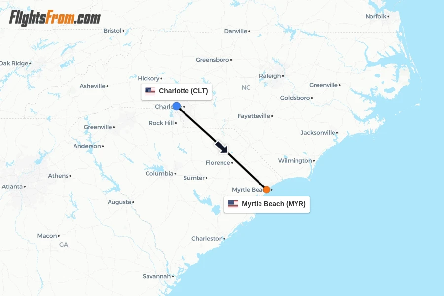 Flights from Charlotte to Myrtle Beach route map