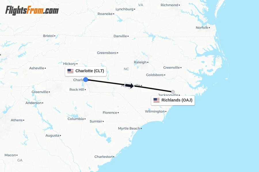 Flights from Charlotte to Richlands route map