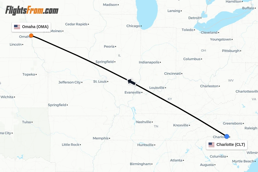 Flights from Charlotte to Omaha route map
