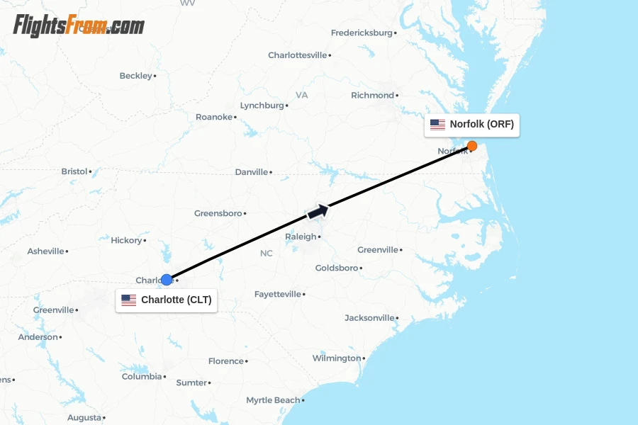 Flights from Charlotte to Norfolk route map