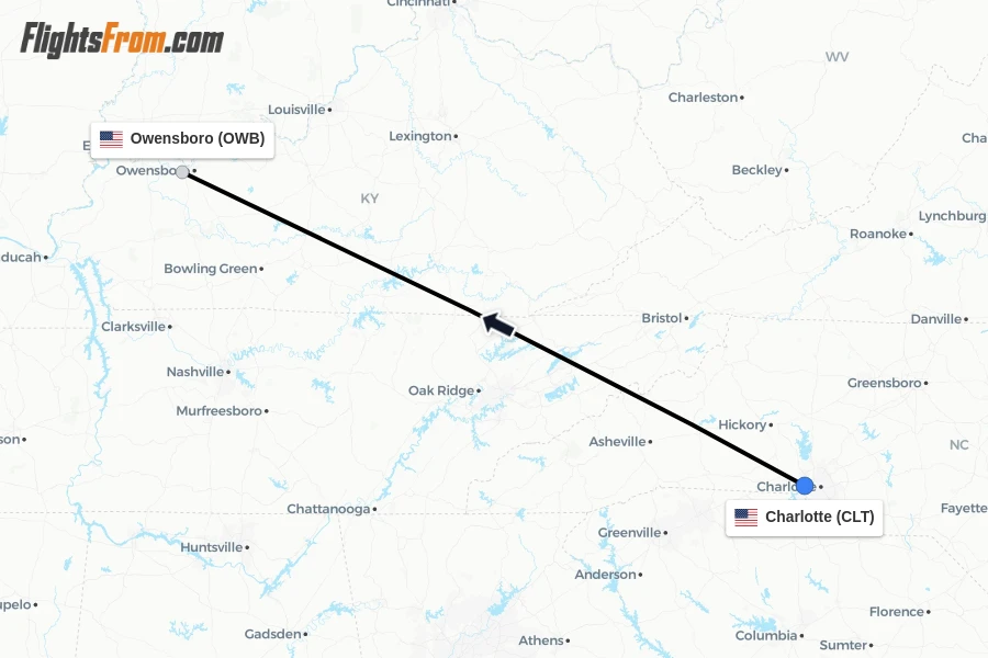 Flights from Charlotte to Owensboro route map