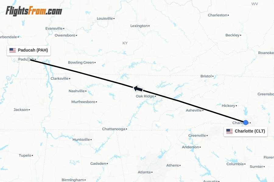 Flights from Charlotte to Paducah route map