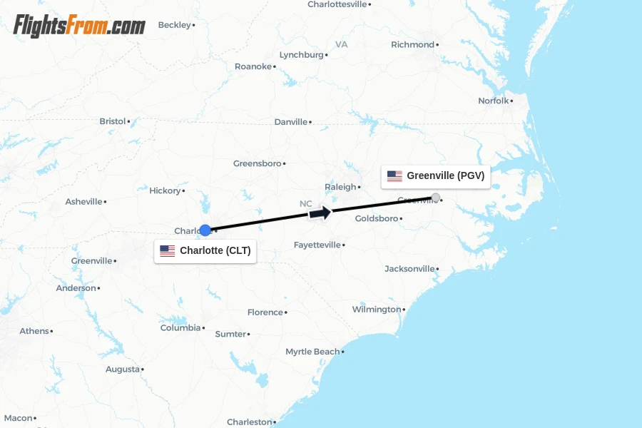Flights from Charlotte to Greenville route map