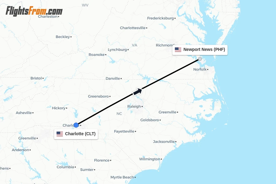 Flights from Charlotte to Newport News route map