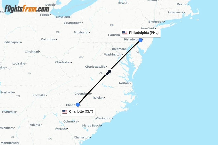Flights from Charlotte to Philadelphia route map