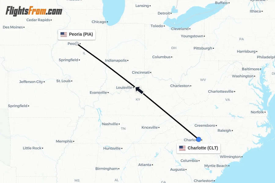 Flights from Charlotte to Peoria route map