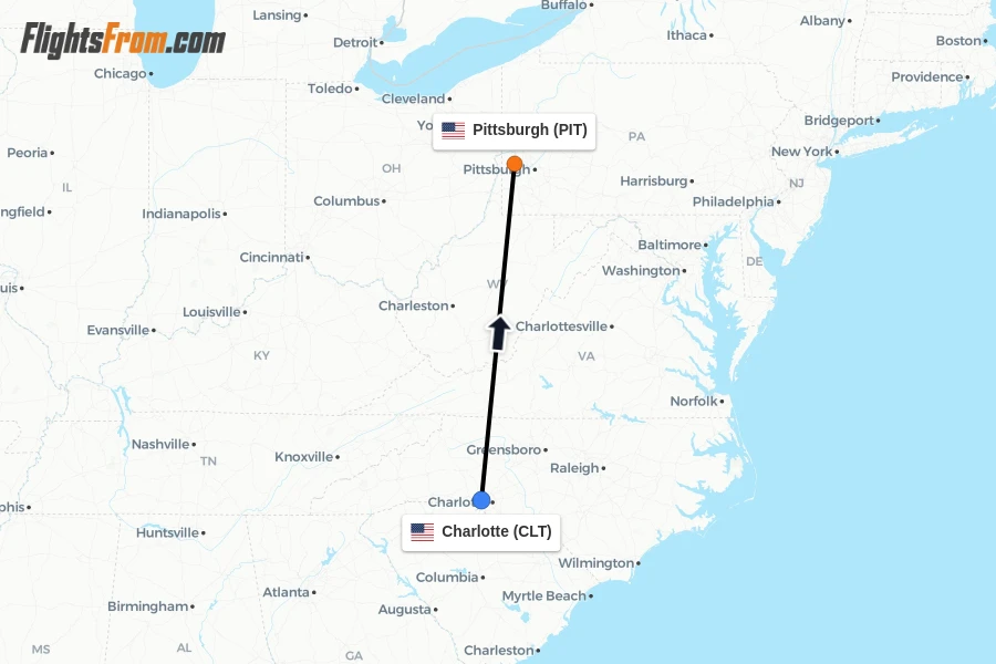 Flights from Charlotte to Pittsburgh route map