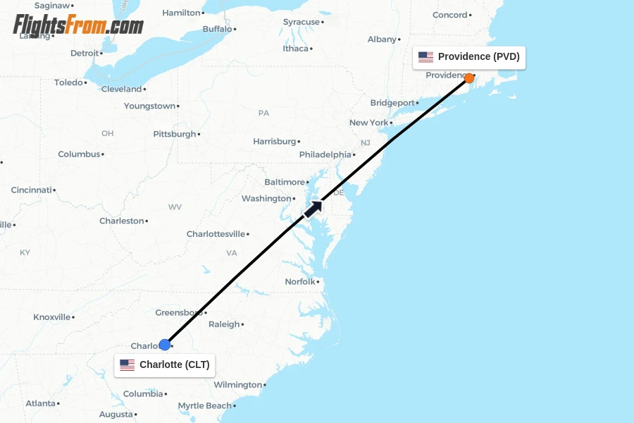 Flights from Charlotte to Providence route map