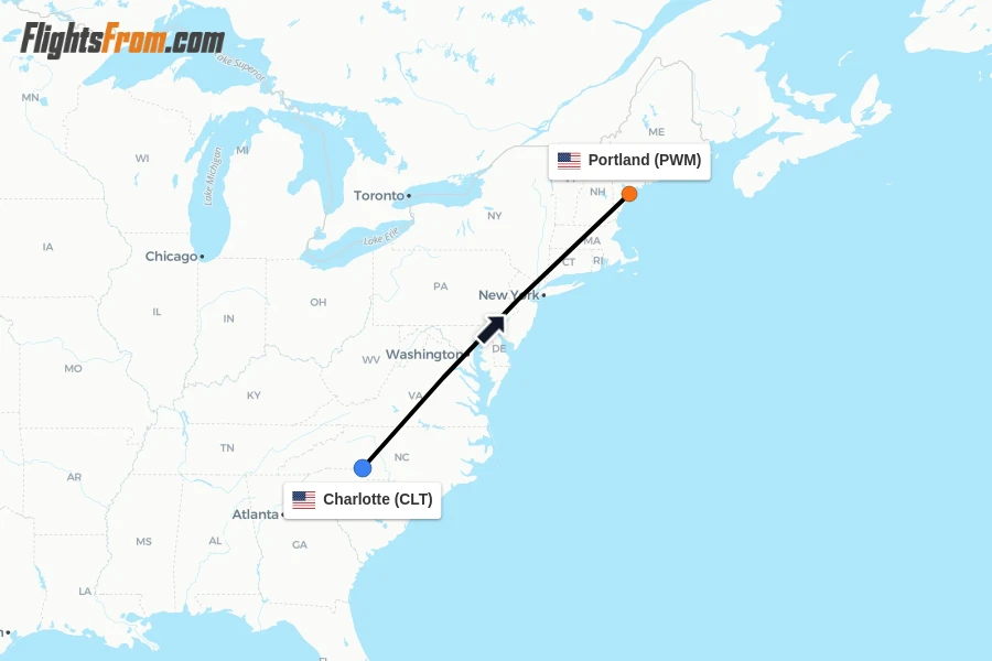 Flights from Charlotte to Portland route map