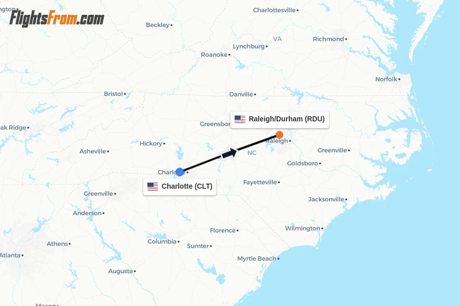 Flights from Charlotte to Raleigh/Durham route map