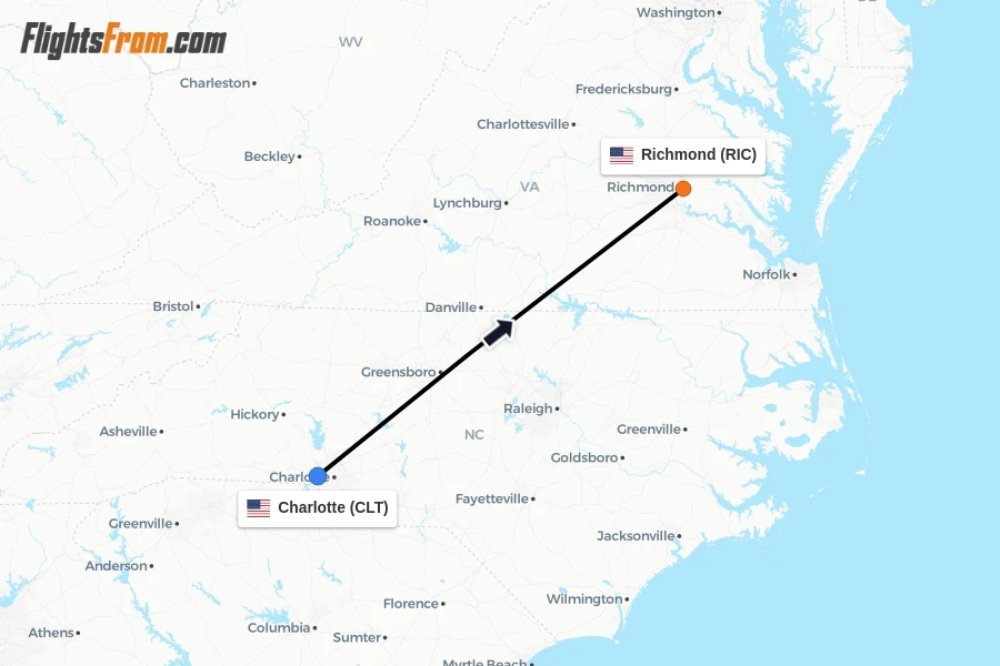 Flights from Charlotte to Richmond route map