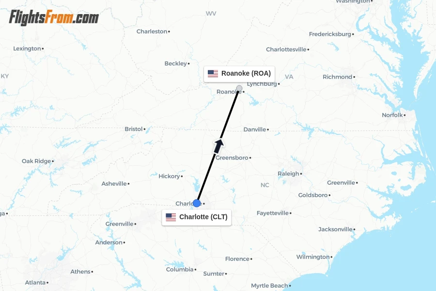 Flights from Charlotte to Roanoke route map