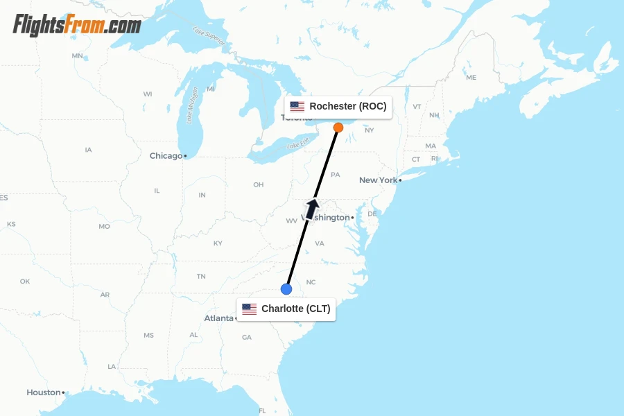Flights from Charlotte to Rochester route map